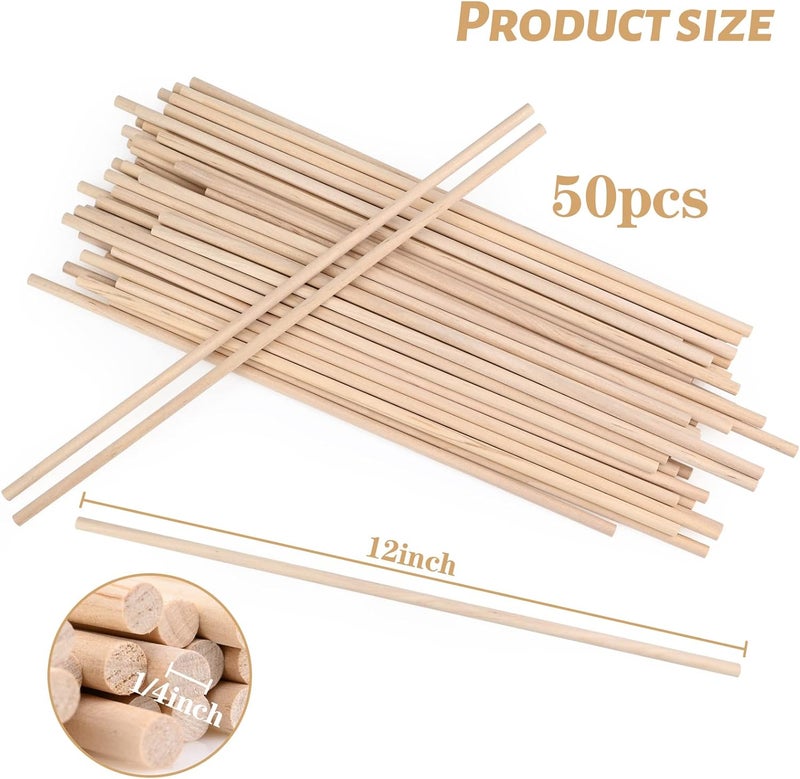 Moukiween Wooden Dowel Rods, 50PCS 1/4 x 12 Inch Round Wooden Sticks for Arts Crafts, Home Decor, Cake Support, Photo Booth Props, Unfinished Natural Hardwood Sticks - Image 2